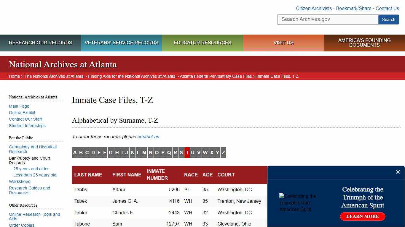 Inmate Case Files, T-Z National Archives