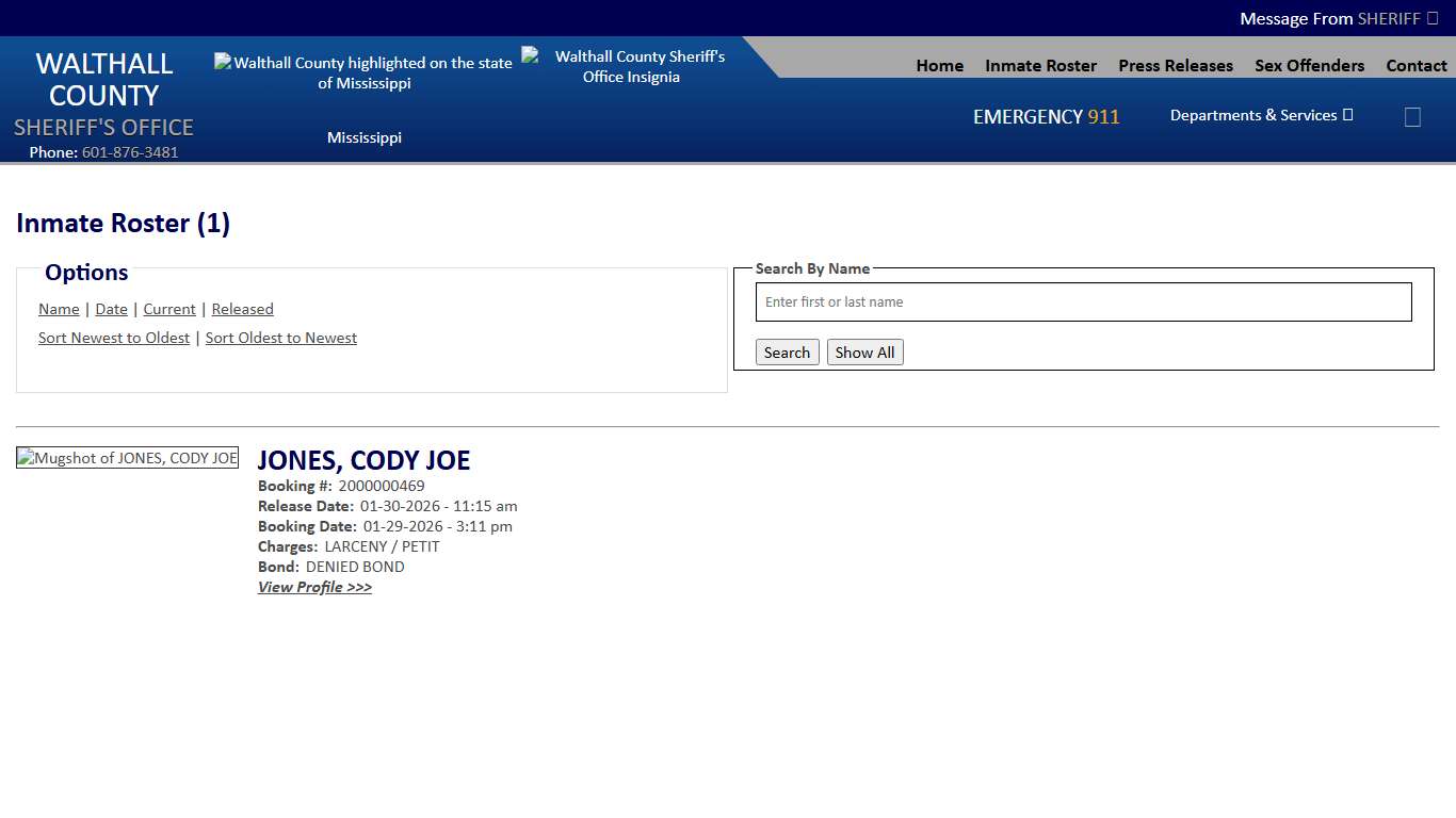 Inmate Roster - Released Inmates Booking Date Descending - Walthall County MS Sheriff's Office